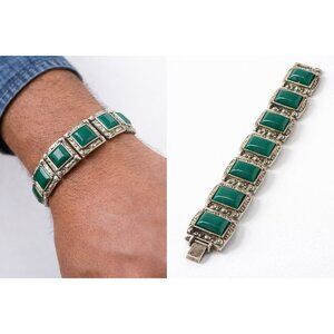 Vintage Mexico Sterling Silver Green Onyx Panel Bracelet 7.75” 43.16g